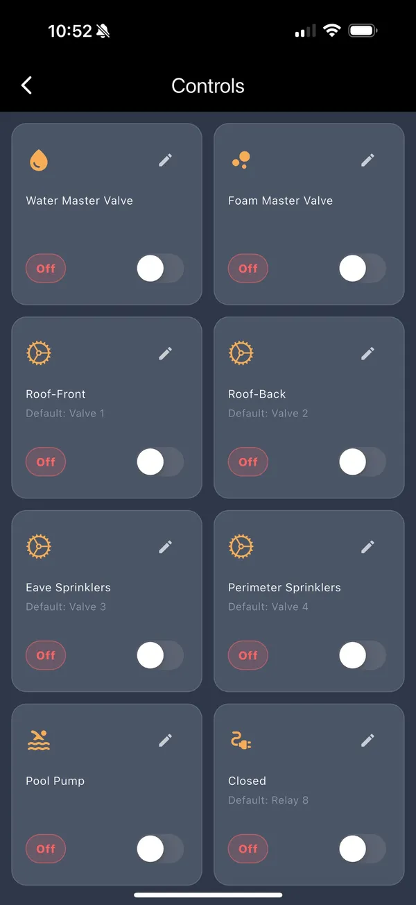 FireRoofs app Controls screen showing system zone controls and manual overrides