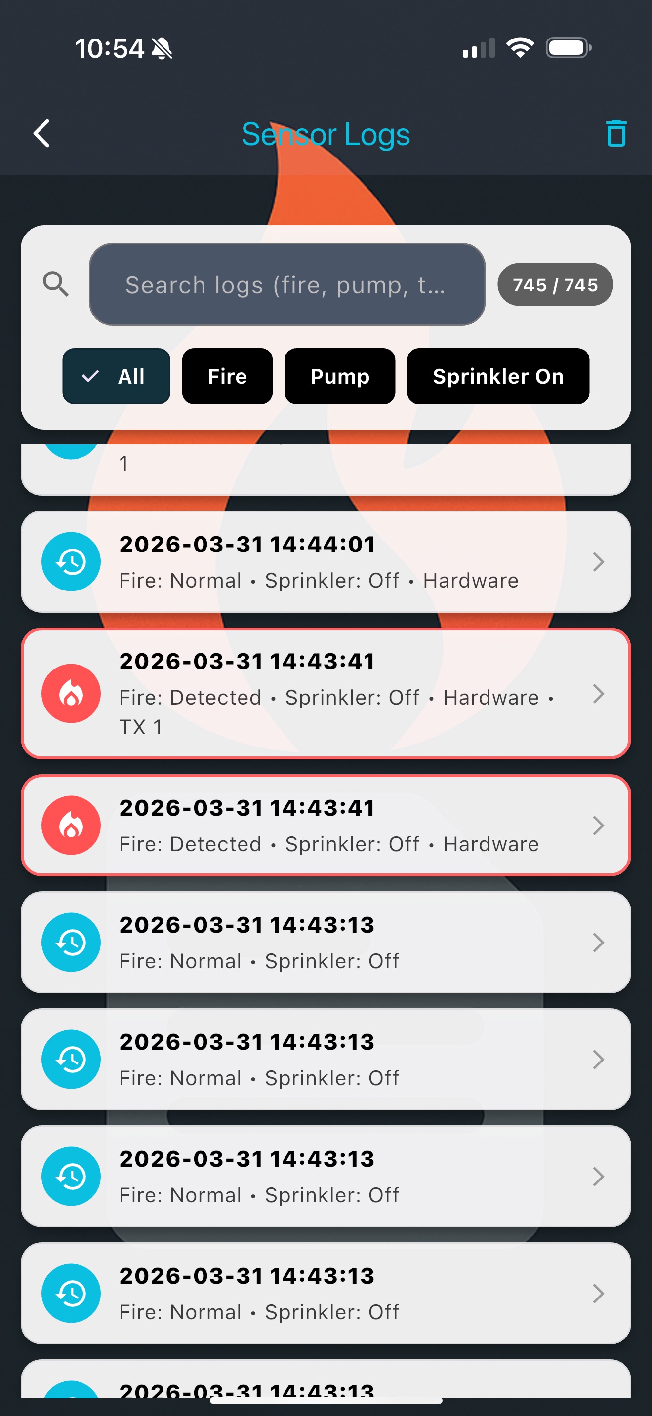 FireRoofs app Sensor Logs screen showing timestamped fire detection events with Fire Detected and Normal status entries