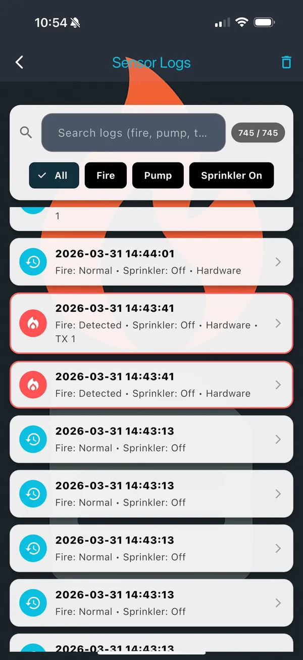 FireRoofs app Sensor Logs screen showing timestamped fire detection events with Fire Detected and Normal status entries