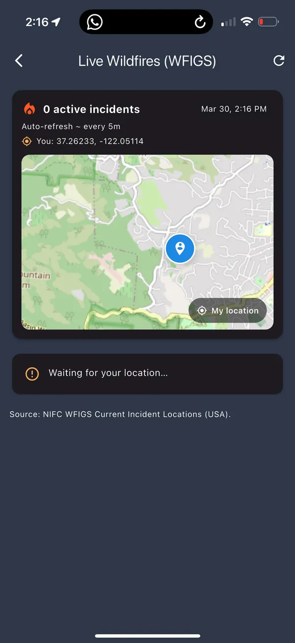 FireRoofs app Live Wildfires map showing active fire incidents near Bay Area with real-time WFIGS data
