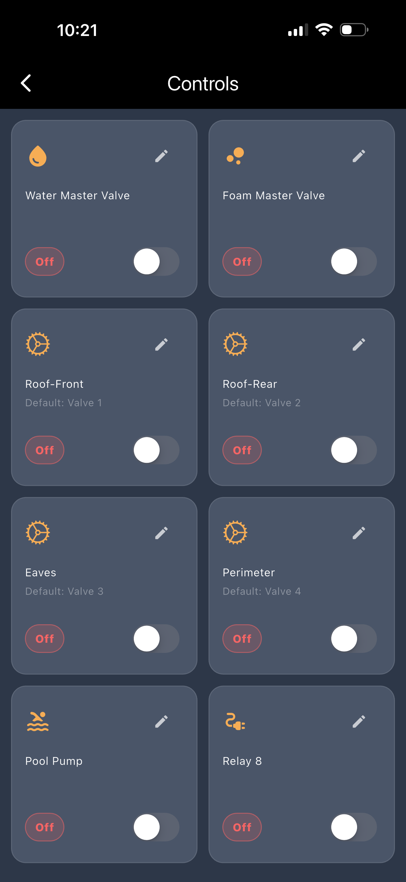 FireRoofs controls panel with individual toggle switches for Water Master Valve, Foam Master Valve, Roof-Front, Roof-Rear, Eaves, Perimeter, and Pool Pump