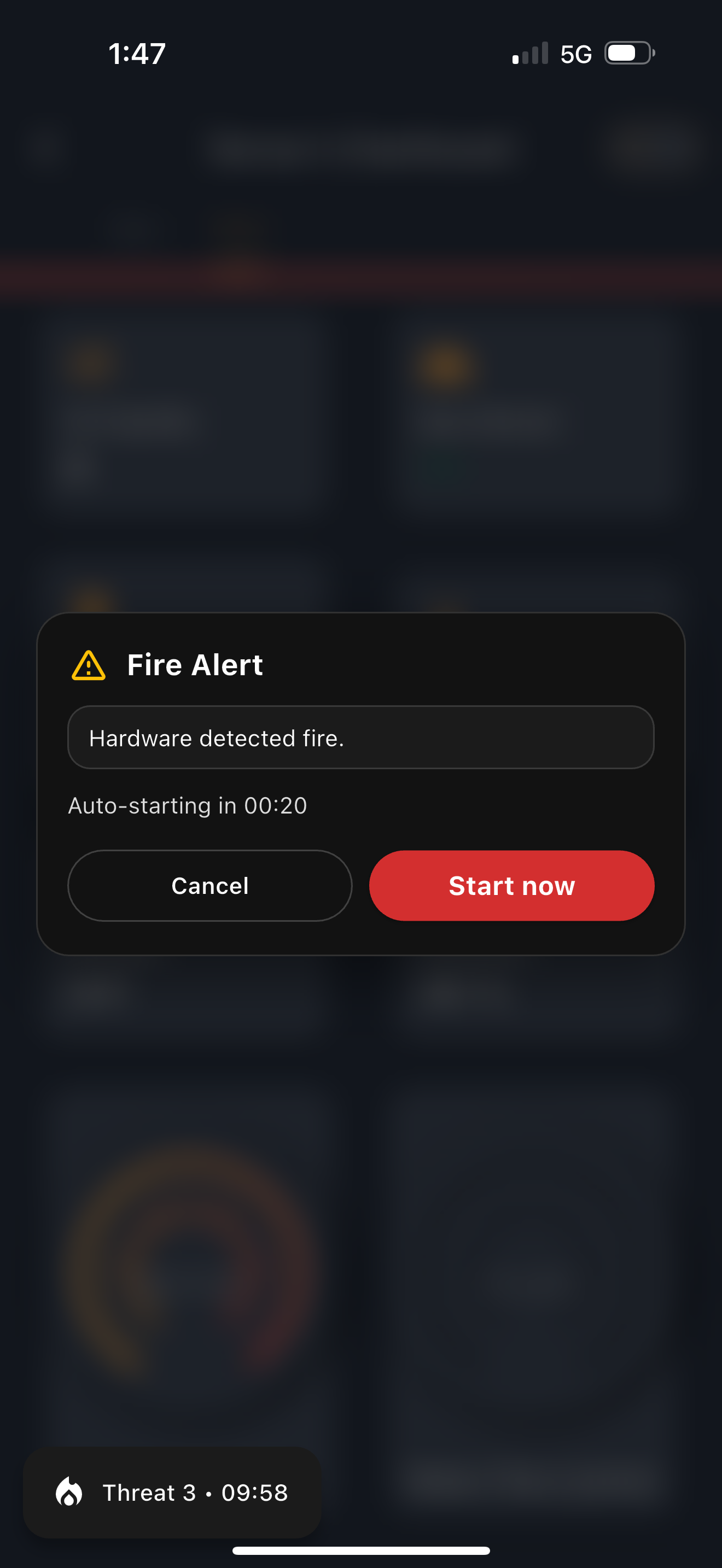 FireRoofs fire alert modal showing hardware detected fire notification with auto-start countdown and threat level 3 indicator