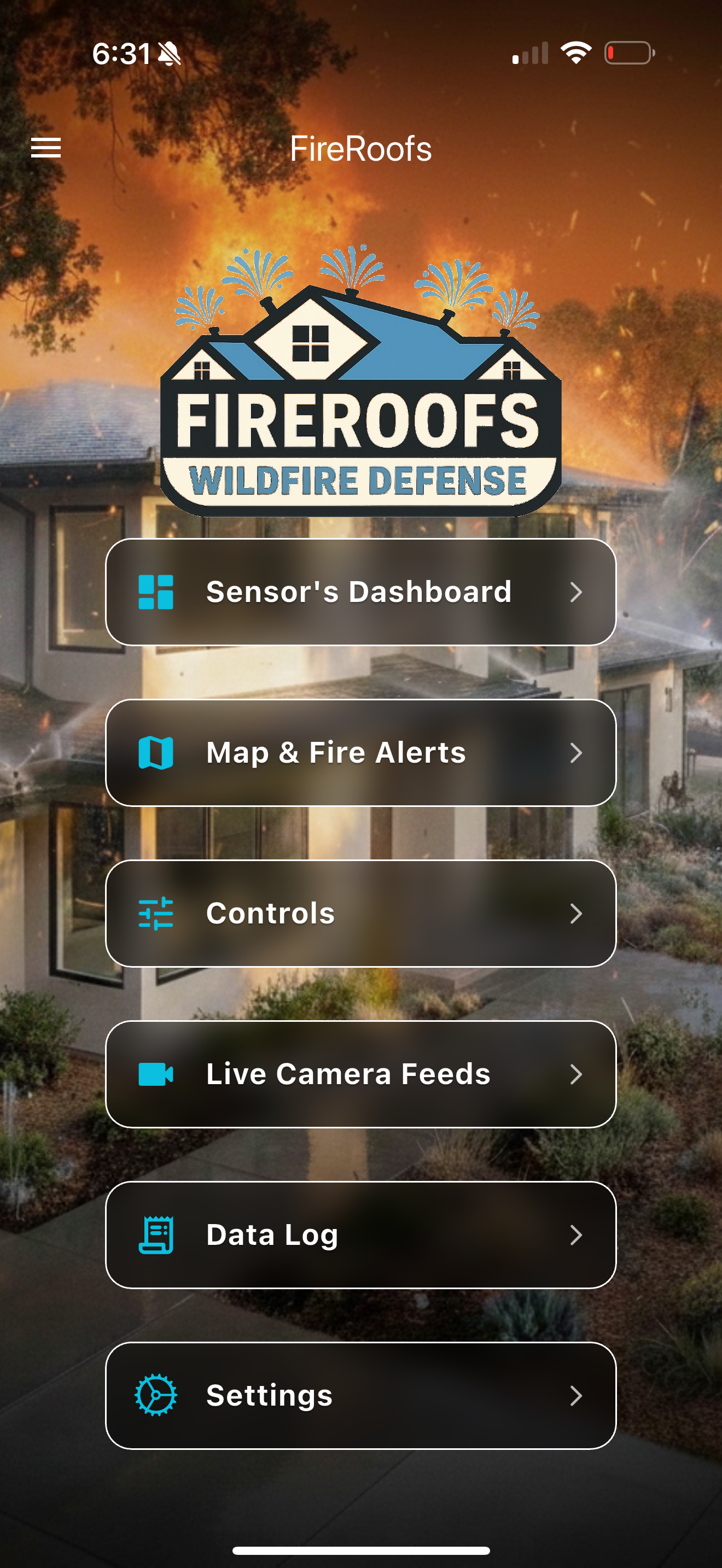FireRoofs app home screen showing main menu with Sensor Dashboard, Map and Fire Alerts, Controls, Live Camera Feeds, Data Log, and Settings