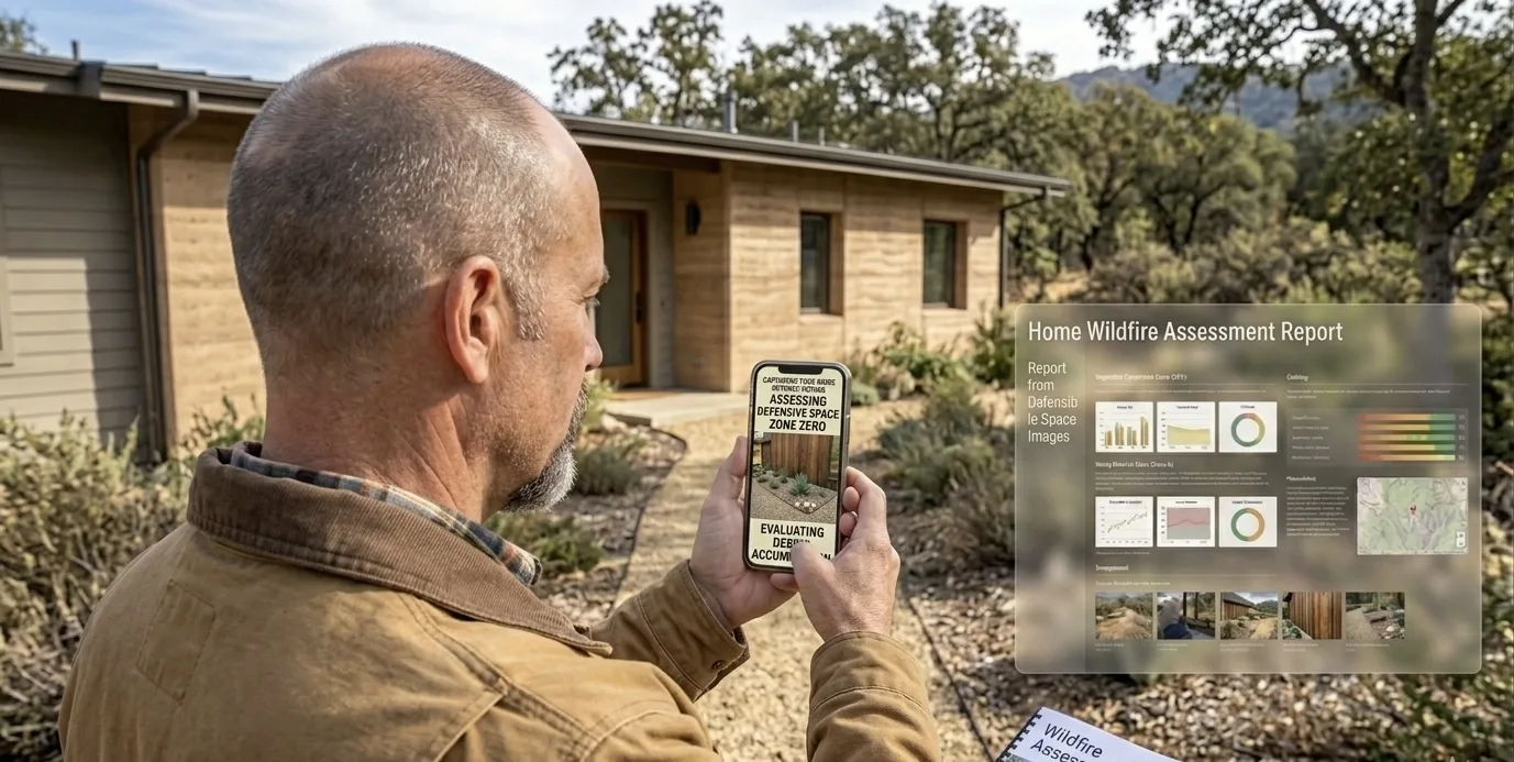 California homeowner reviewing his FireRoofs wildfire assessment report on a mobile phone outside his property with vegetation and mountains in the background