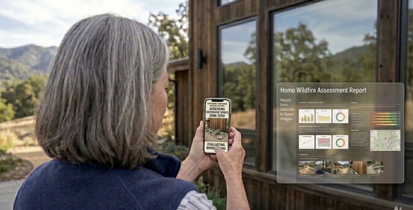 Woman reviewing a FireRoofs wildfire satellite assessment on her phone with the full property report visible beside her
