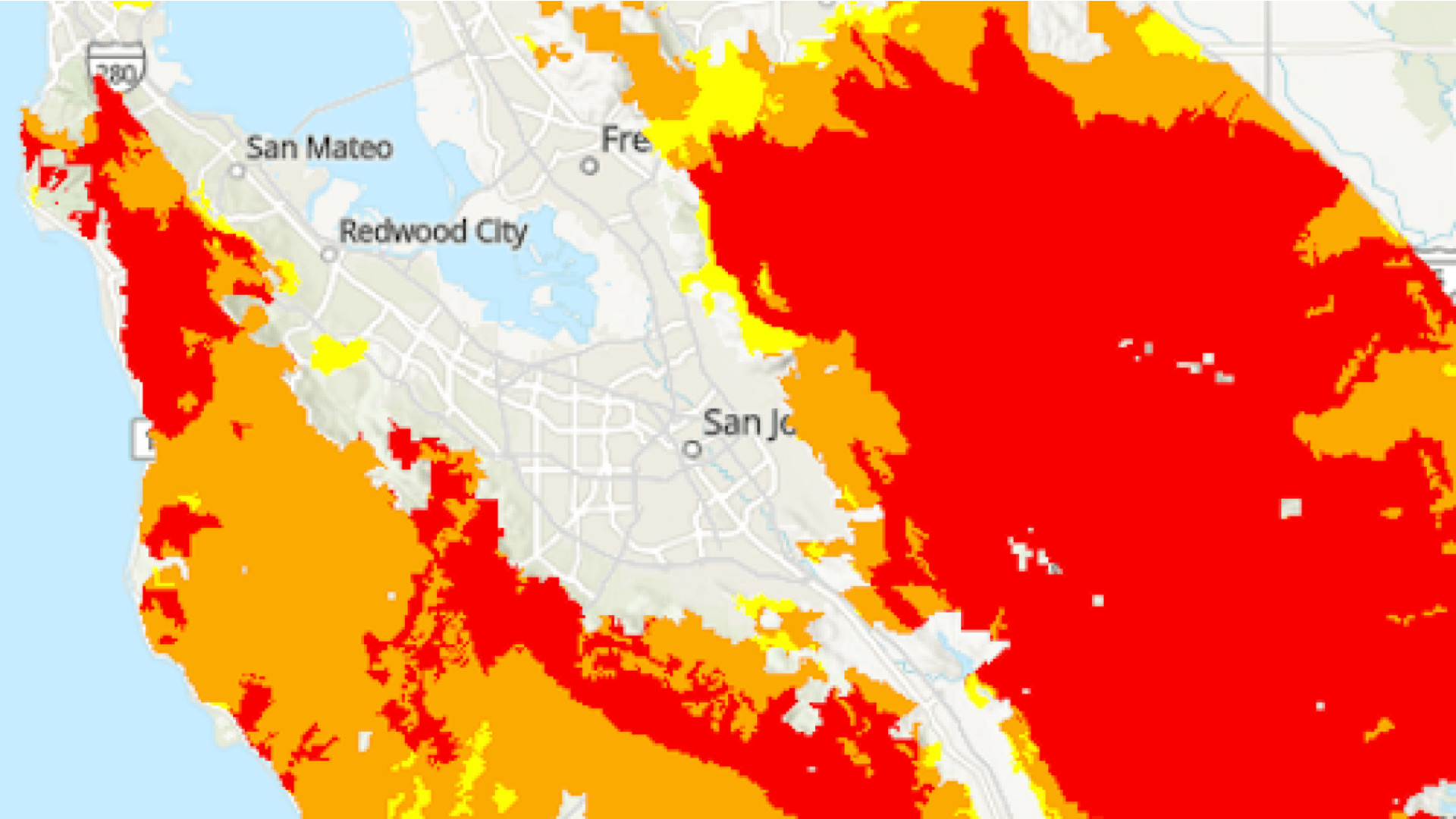 Bay Area fire hazard severity zone map showing Santa Cruz and surrounding wildfire risk areas from CAL FIRE data