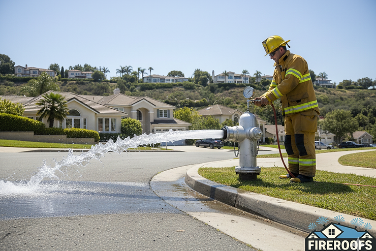  Firefighter testing municipal fire hydrant water pressure showing limitations of city water systems during wildfires
