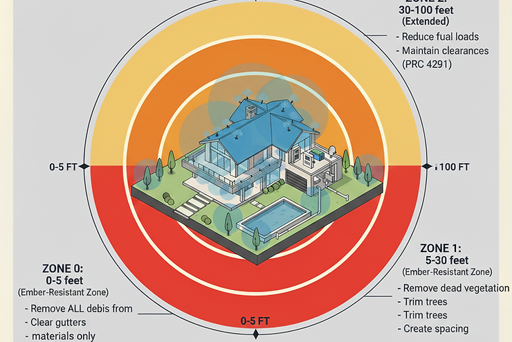 Cal Fire Defensible Space and Wildfire Defense Systems infographic