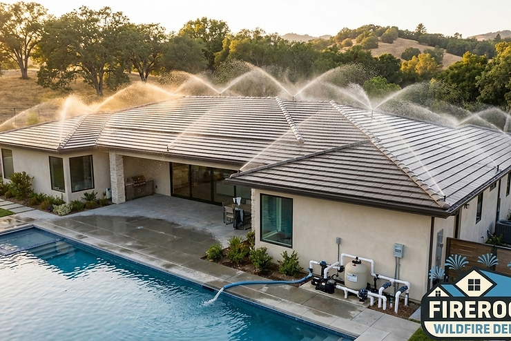 Automated wildfire defense system connected to luxury home pool providing independent water backup for ember protection
