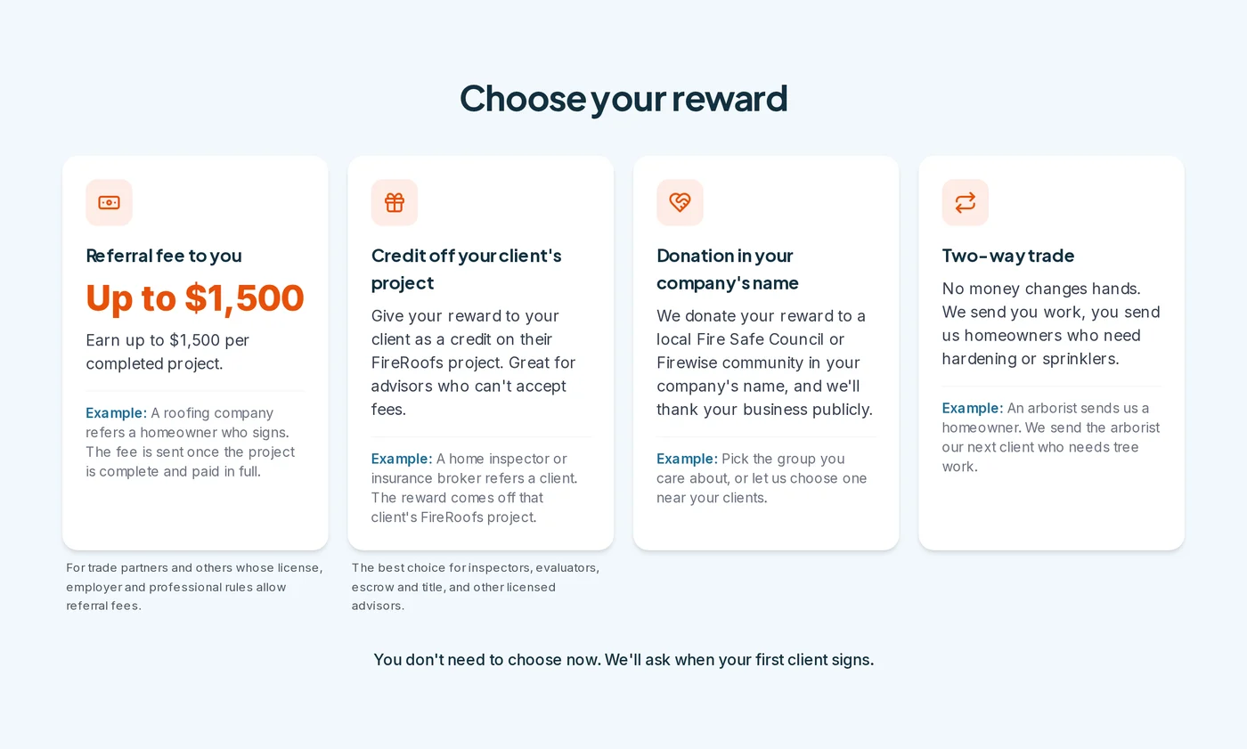 The four partner reward options on the FireRoofs partner page