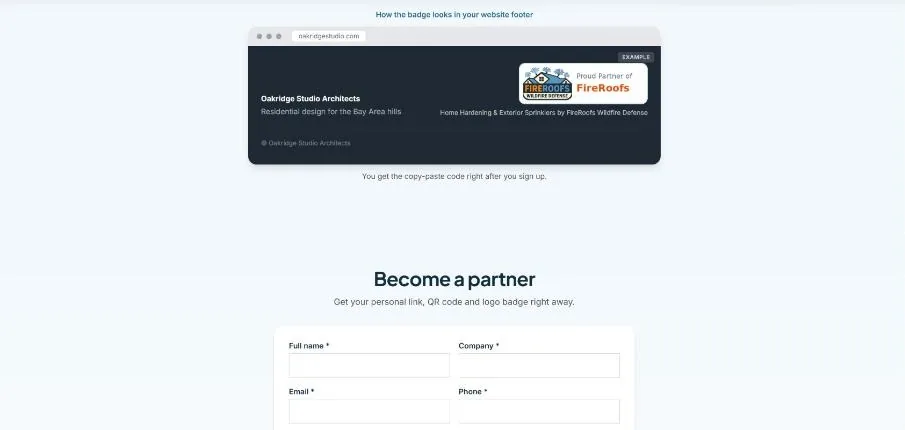 Example of the FireRoofs partner badge in a partner's website footer