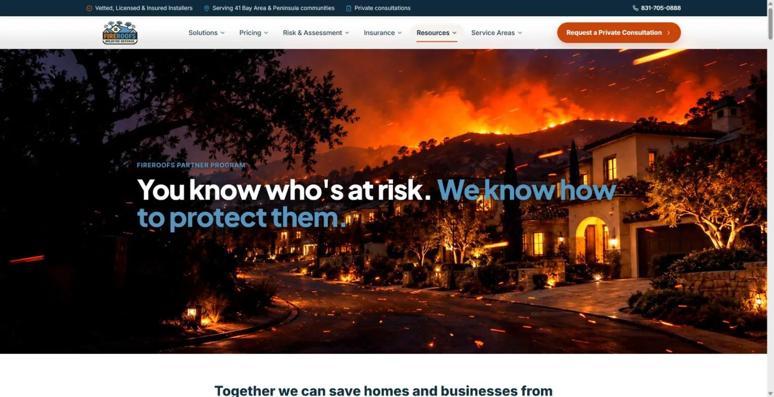 The FireRoofs partner page hero: You know who's at risk. We know how to protect them.