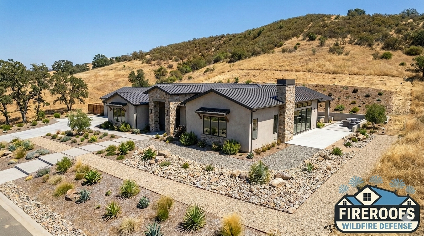 Modern California home with fire-resistant hardscape landscaping, gravel and stone groundcover, and proper defensible space on a hillside