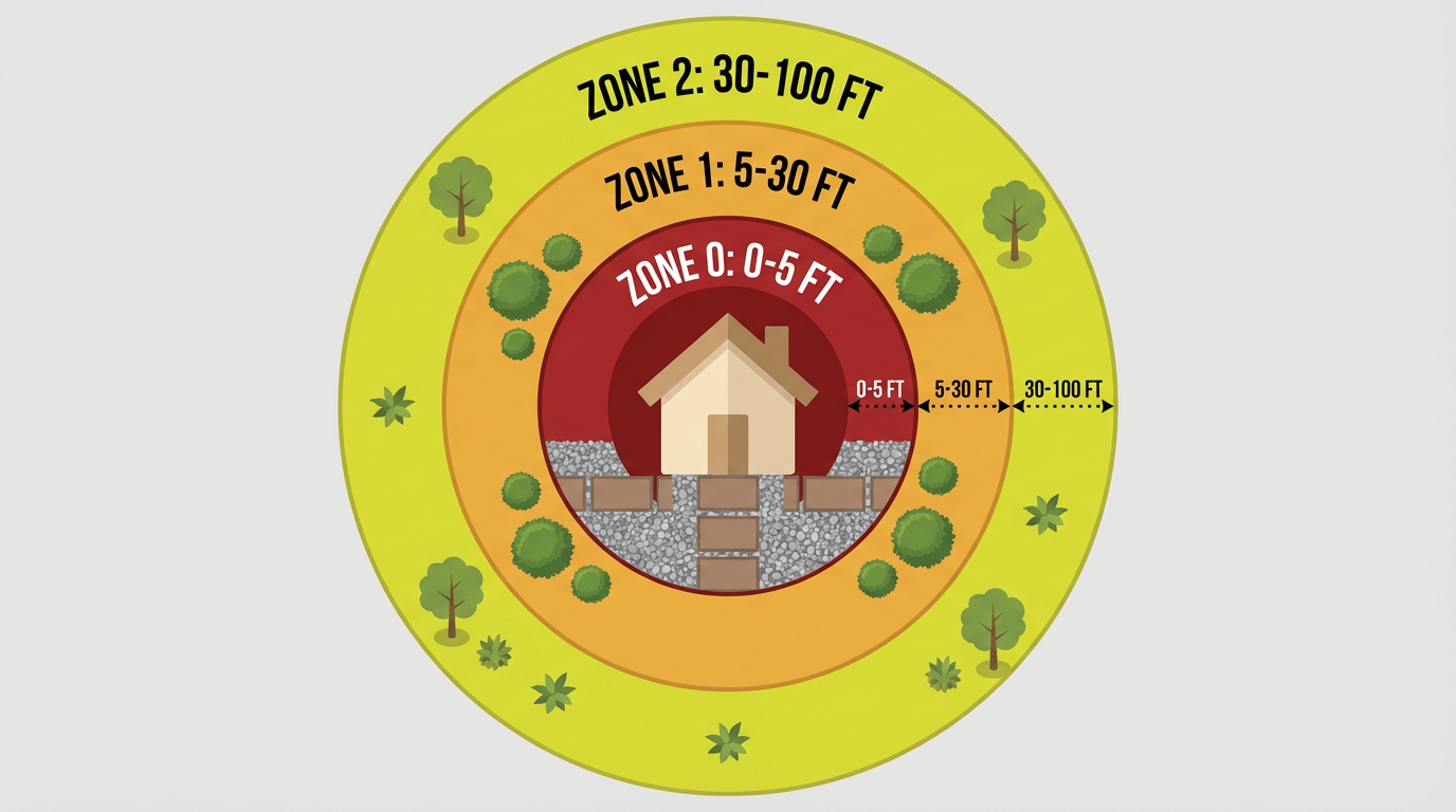 Diagram showing California defensible space Zone Zero (0-5 ft), Zone 1 (5-30 ft), and Zone 2 (30-100 ft) around a home
