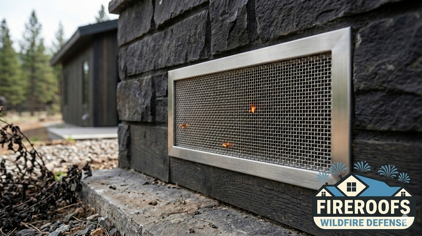 Close-up of an ember-resistant vent with fine metal mesh installed on a home foundation, preventing wildfire ember intrusion