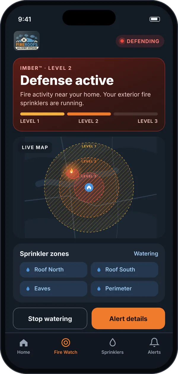 FireRoofs app Defense Active screen with live map and sprinkler zones running