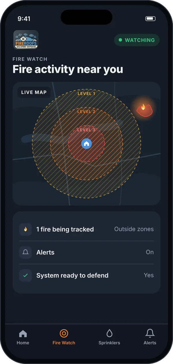 FireRoofs app Fire Watch screen tracking a fire outside the home's defense zones