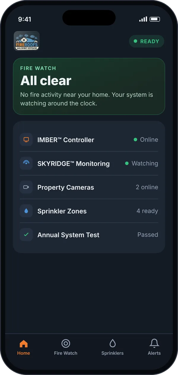 FireRoofs app home screen showing All clear and system status