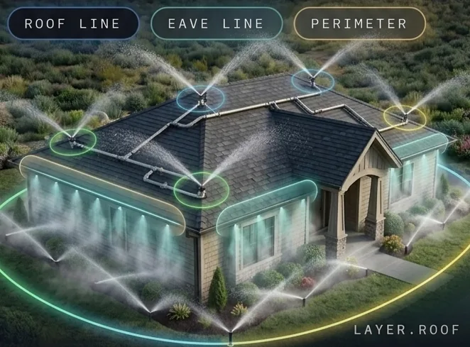 Illustration of a home protected by three layers of exterior fire sprinklers: roof line, eave line and perimeter