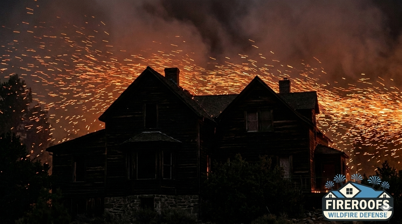 House silhouette surrounded by a massive wildfire ember storm in California, showing how wind-driven embers threaten homes during fire season