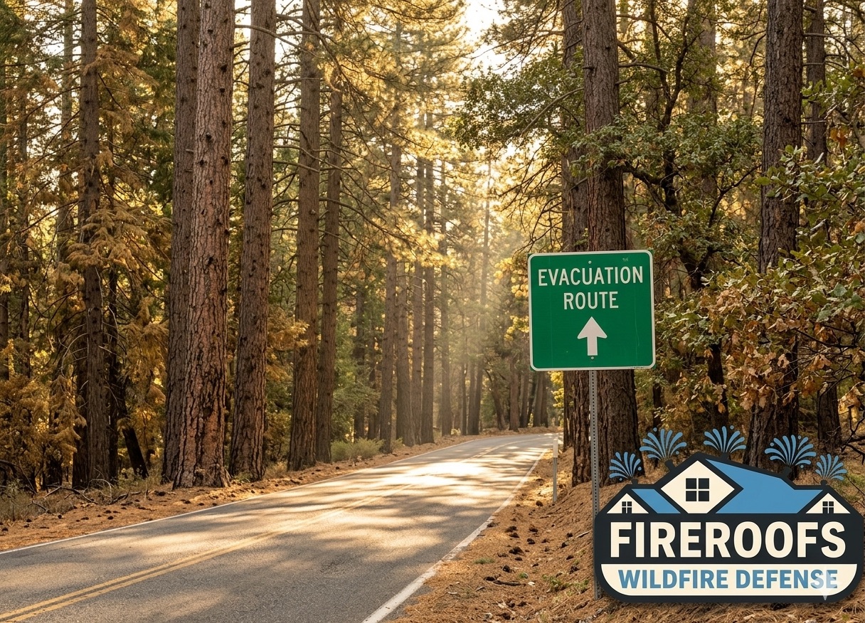 Mountain road in a California WUI community with pine trees and a green evacuation route sign in late afternoon light