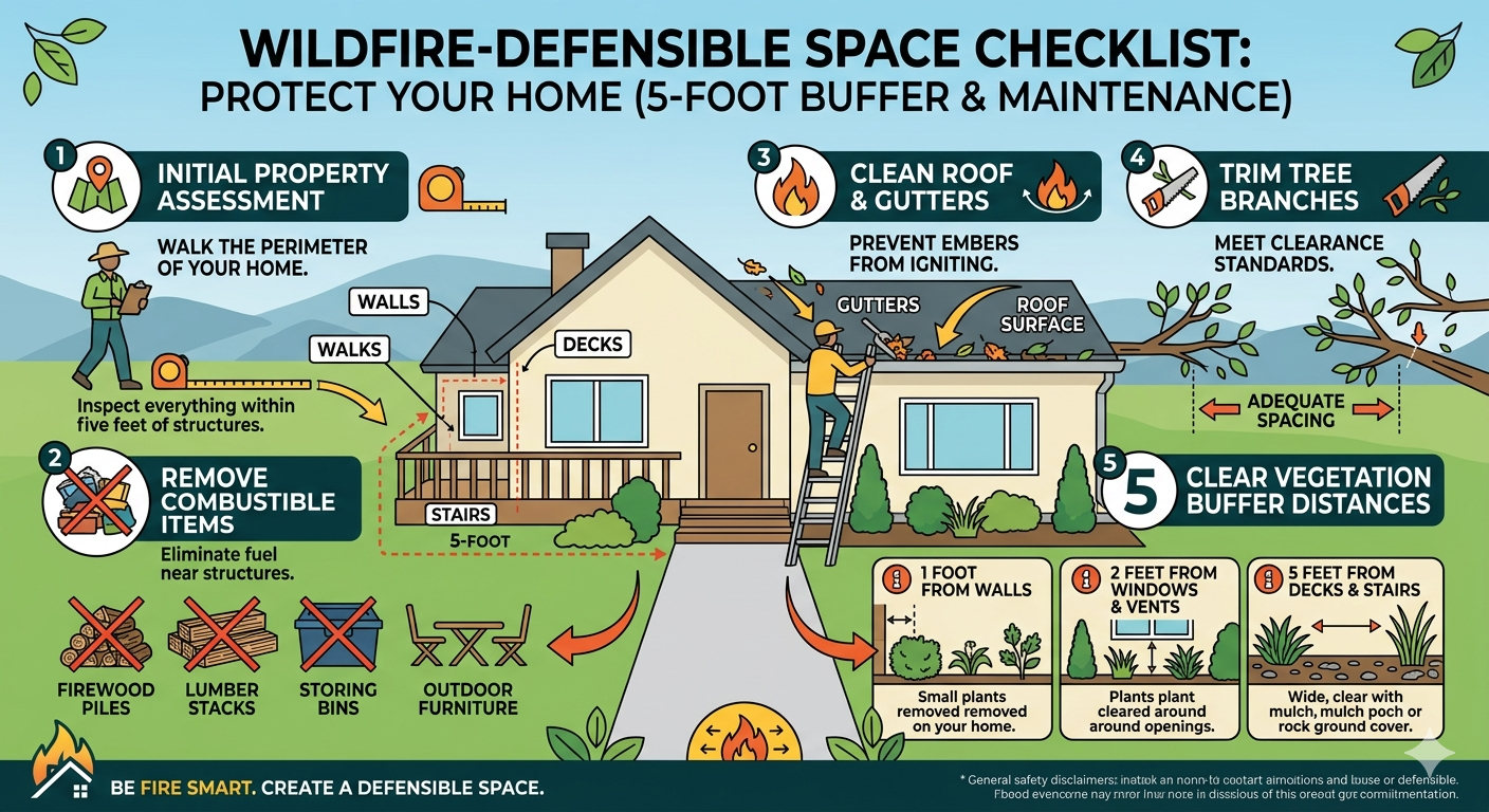 Wildfire defensible space checklist infographic showing five steps: initial property assessment, remove combustible items, clean roof and gutters, trim tree branches, and clear vegetation buffer distances
