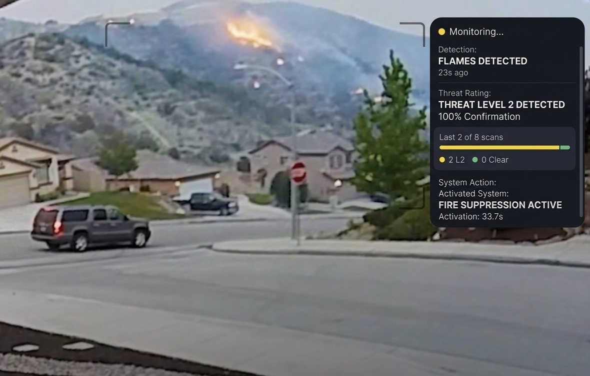 FireRoofs camera detecting hillside wildfire with Level 2 threat overlay and automated suppression response