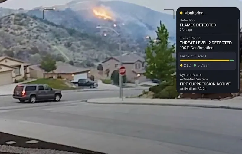 FireRoofs camera detecting hillside wildfire with Level 2 threat overlay and automated suppression response