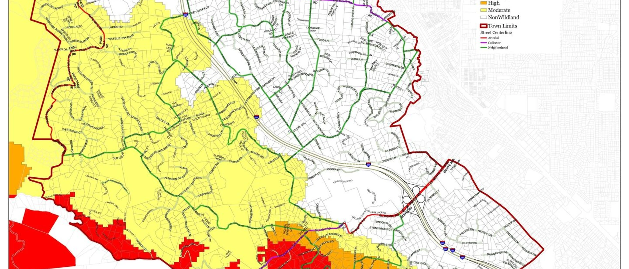 Los Altos foothills showing the transition from suburban streets to oak woodland and wildland terrain