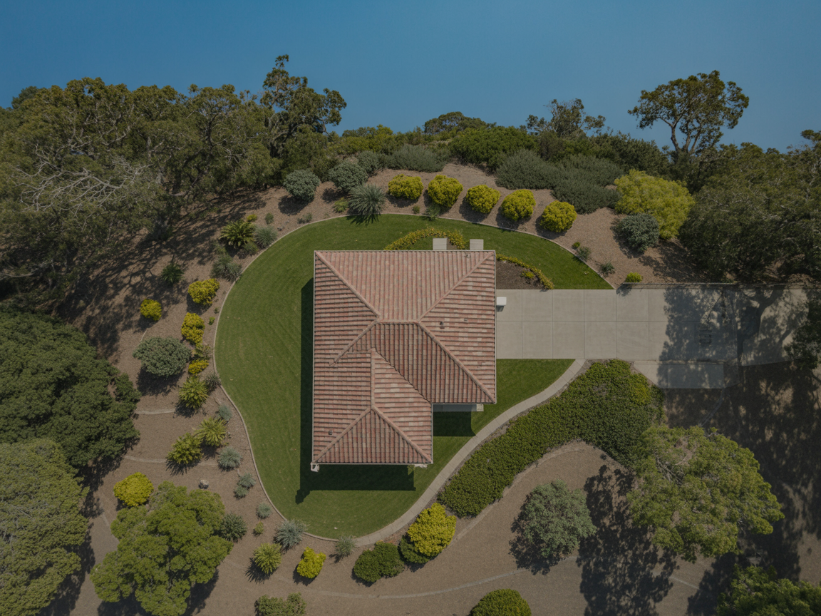 Aerial view of California home showing defensible space zones for wildfire protection