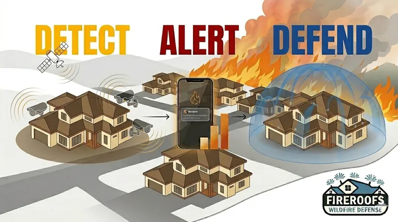 Infographic showing three stages of automated exterior sprinkler system wildfire defense: satellite and camera detection, automated threat alert, and roof and perimeter sprinkler activation protecting a home from approaching wildfire