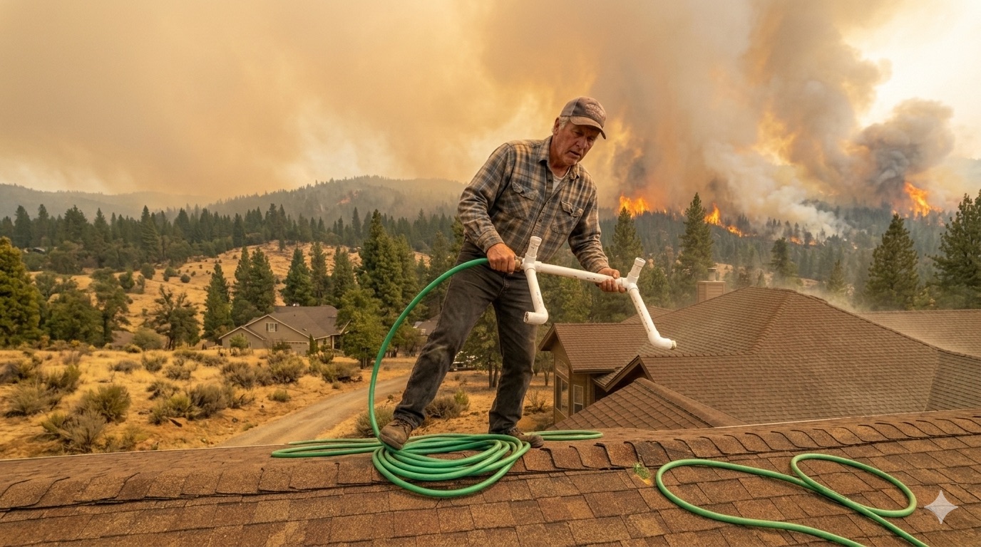A man on a roof with a garden hose and PVC pipe attempting to defend his home as a wildfire burns in the background