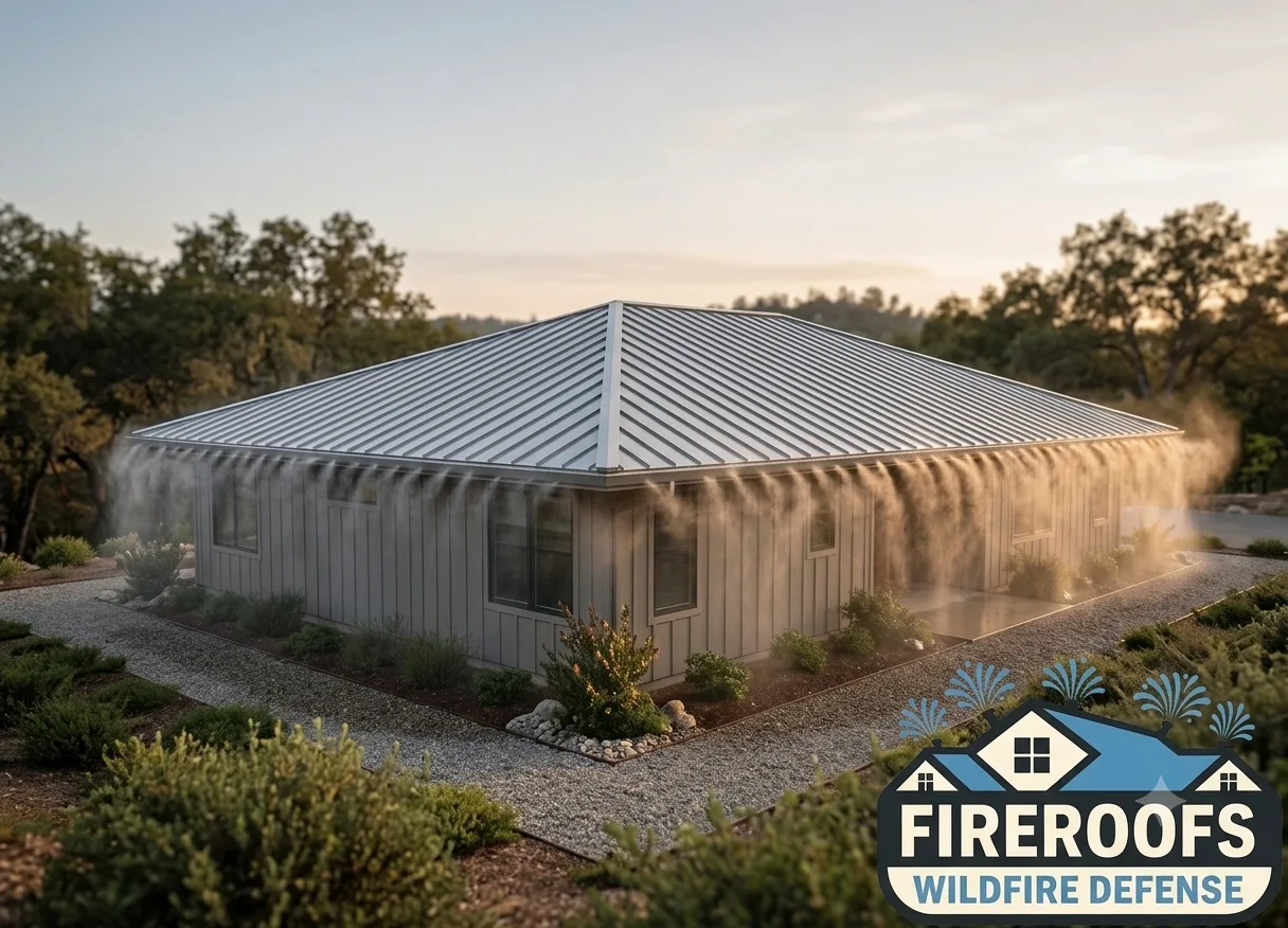 Hillside home with a metal roof and eave-mounted sprinklers misting down the exterior walls inside maintained defensible space