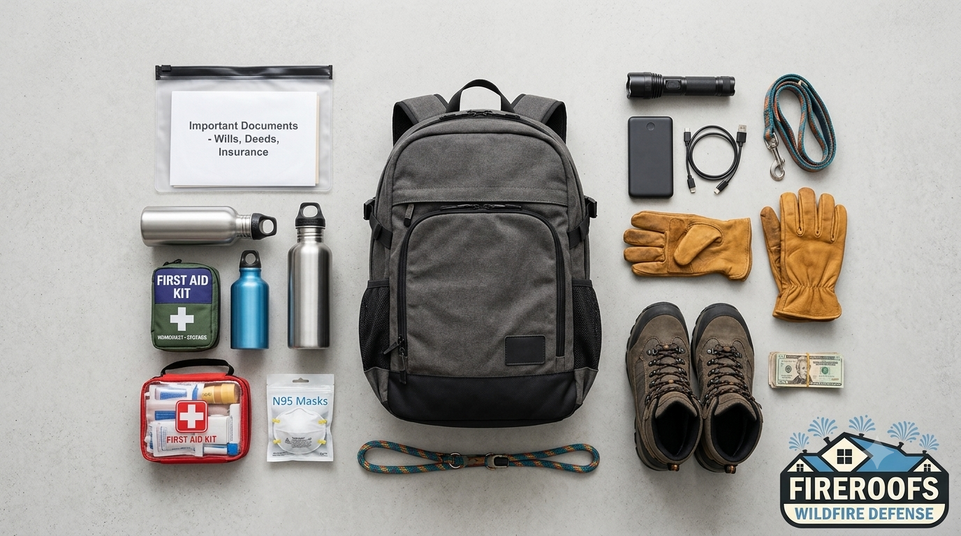 Wildfire go bag flat lay showing first aid kit, N95 masks, water bottles, flashlight, important documents, boots, gloves, leash, cash, and phone charger