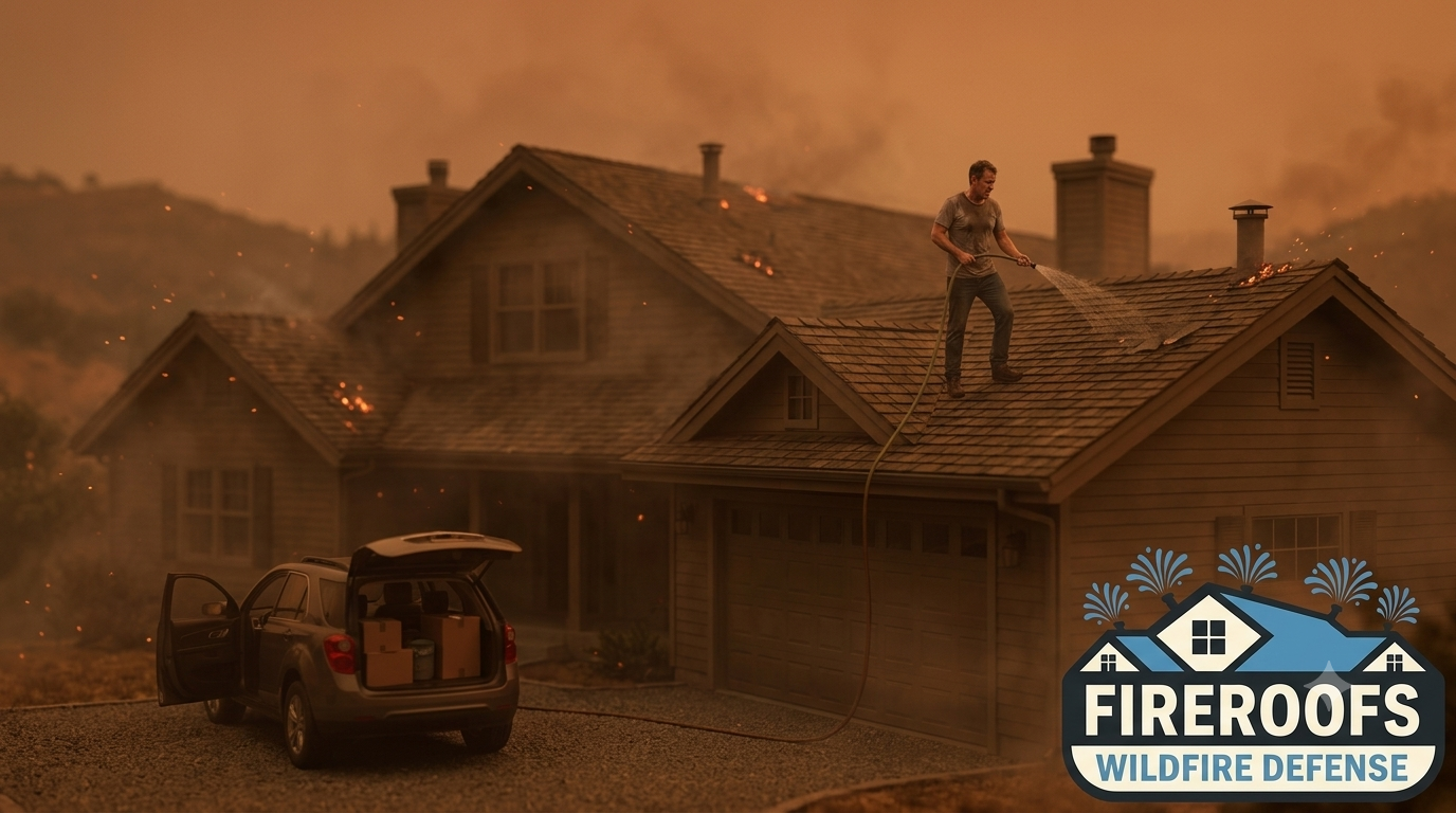 Homeowner on a roof with a garden hose during a wildfire, illustrating the dangerous alternative to automated exterior sprinklers