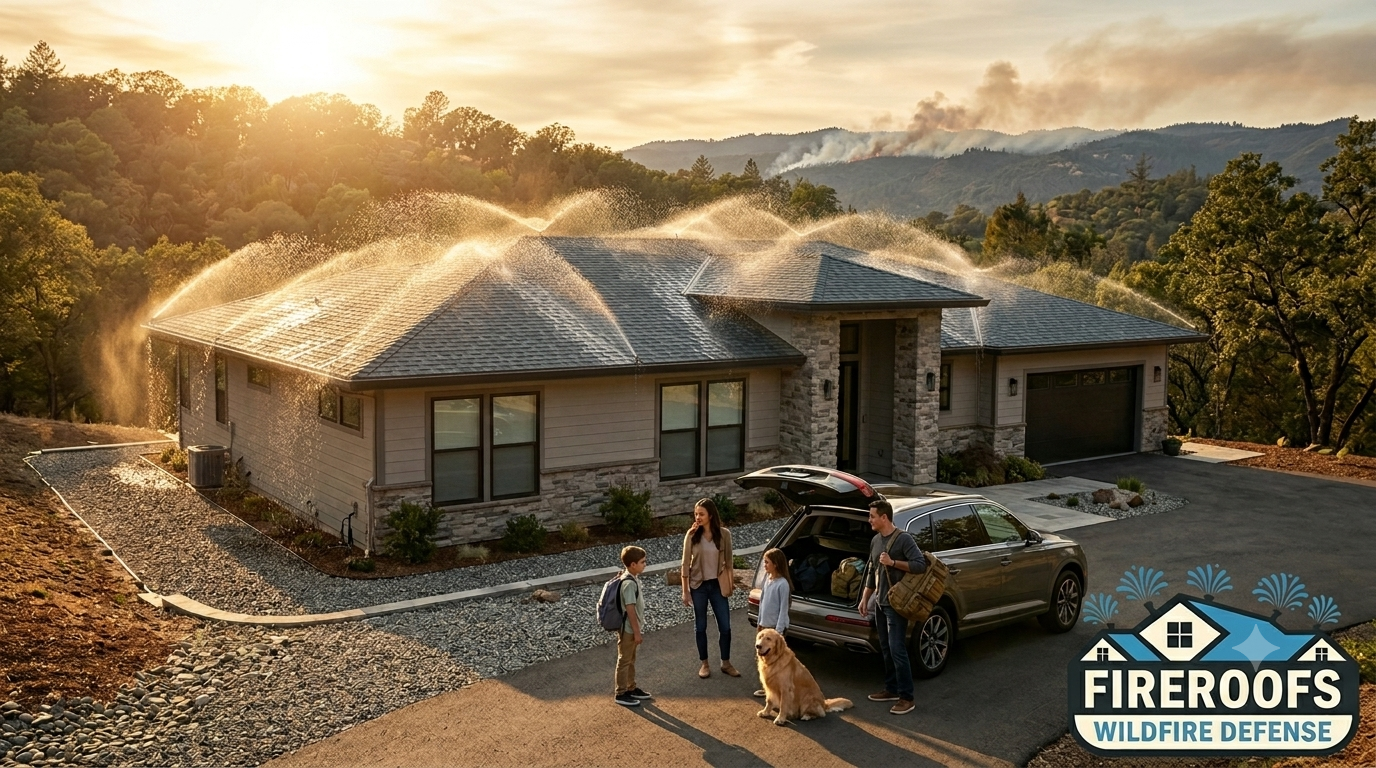 Family evacuating while automated exterior sprinklers defend their home during a California wildfire