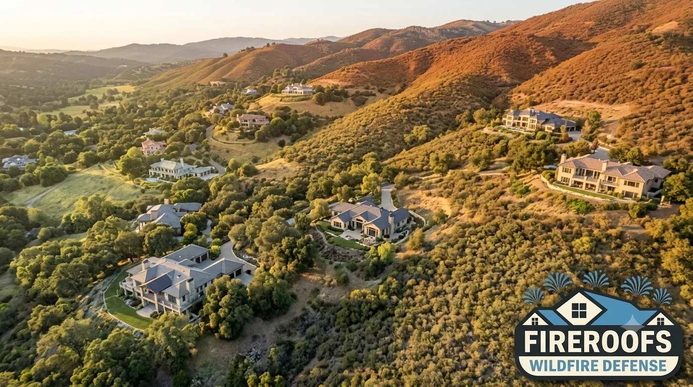 California wildland-urban interface hillside community shown across moderate, high, and very high fire hazard zones