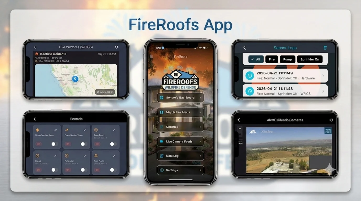 FireRoofs wildfire defense mobile app showing five screens: live wildfire tracking map with active incidents, home dashboard with sensor controls and camera feeds, real-time sensor logs with fire and sprinkler status, manual valve controls for roof eave and perimeter sprinklers, and live AlertCalifornia camera feed monitoring nearby hillside