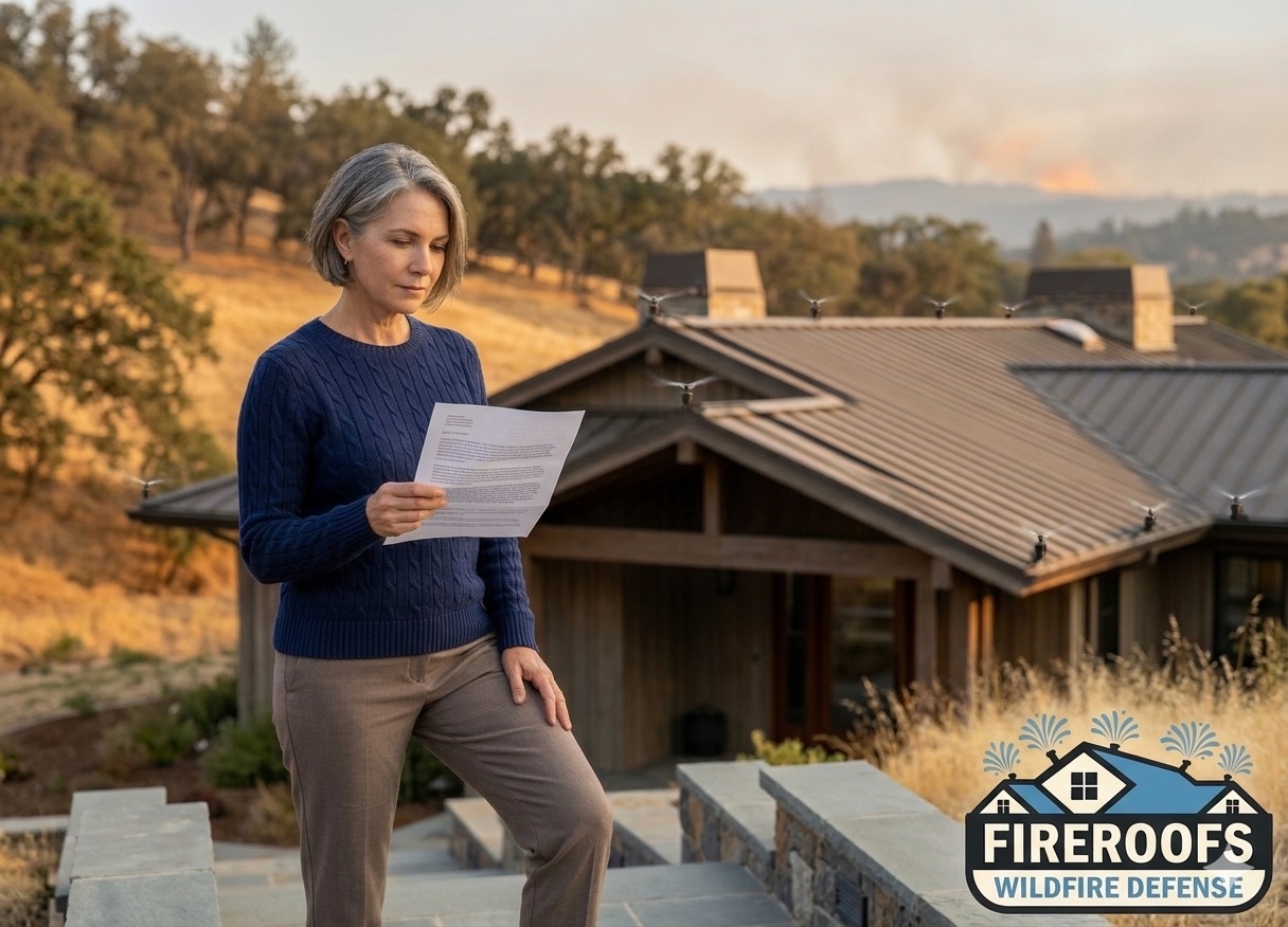 A California homeowner reviews her wildfire insurance documentation outside her WUI home with rooftop sprinkler heads visible on the roofline.