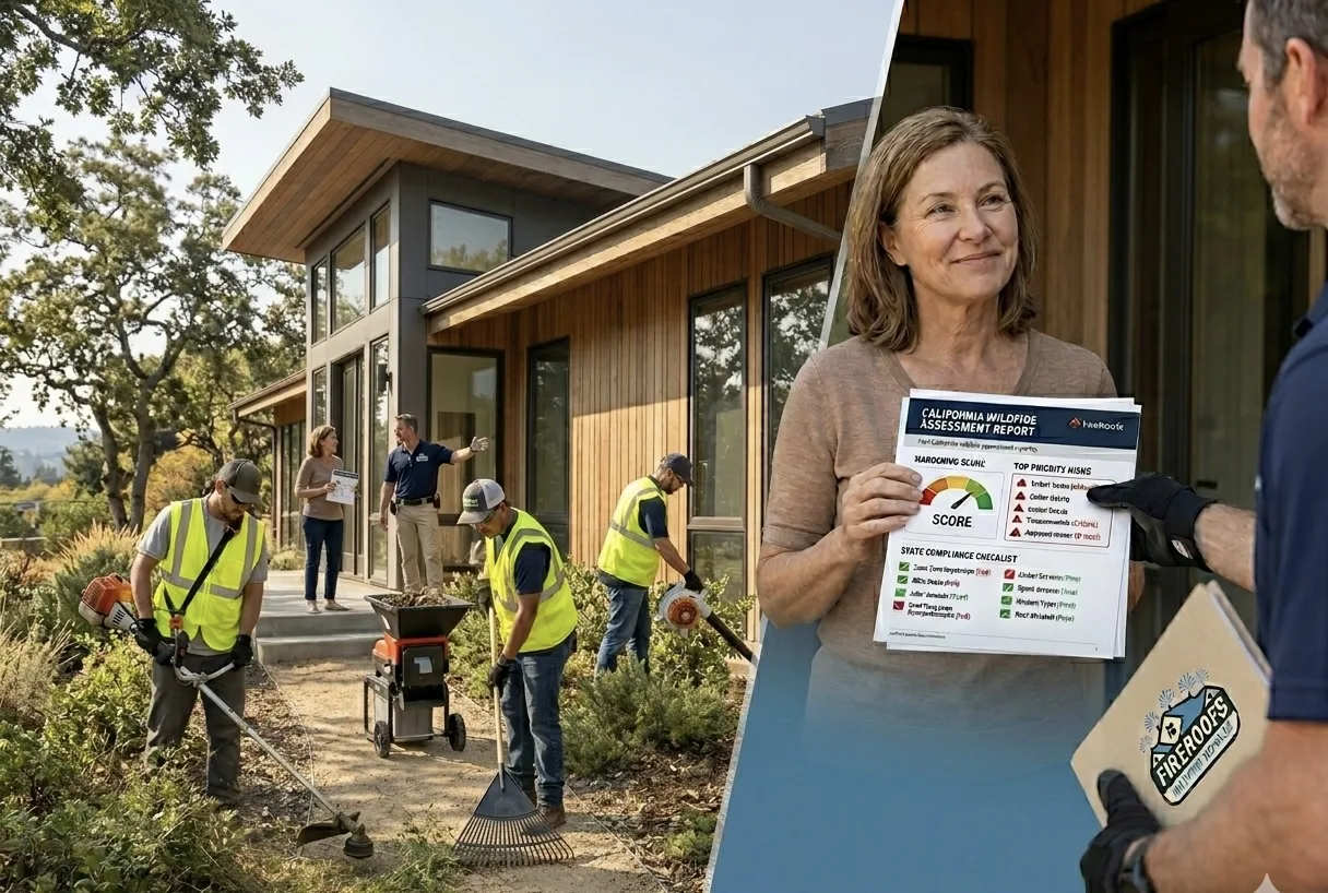 Wildfire mitigation crew performing Zone Zero vegetation clearing and home hardening work at a California hillside property while the homeowner discusses her assessment report findings with a FireRoofs project lead