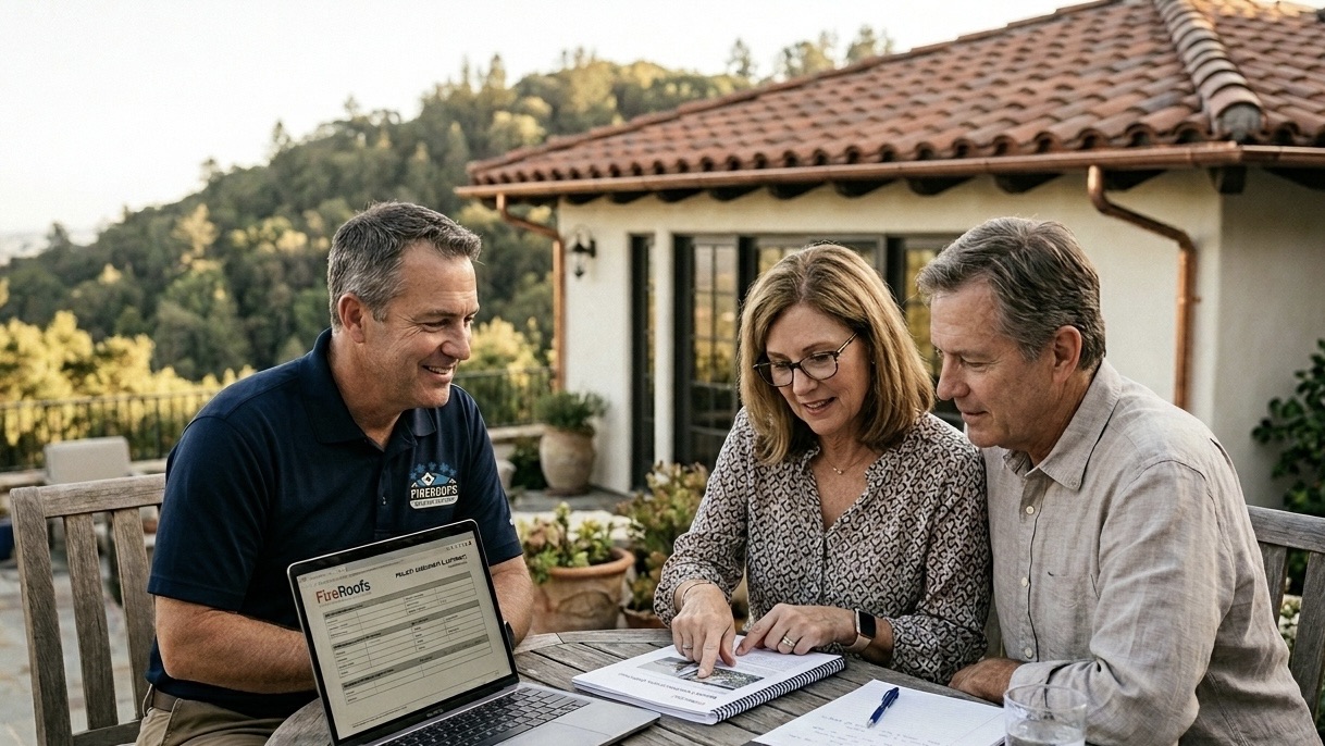 A FireRoofs specialist walks a homeowner couple through the wildfire defense system evidence packet at a California hillside home.