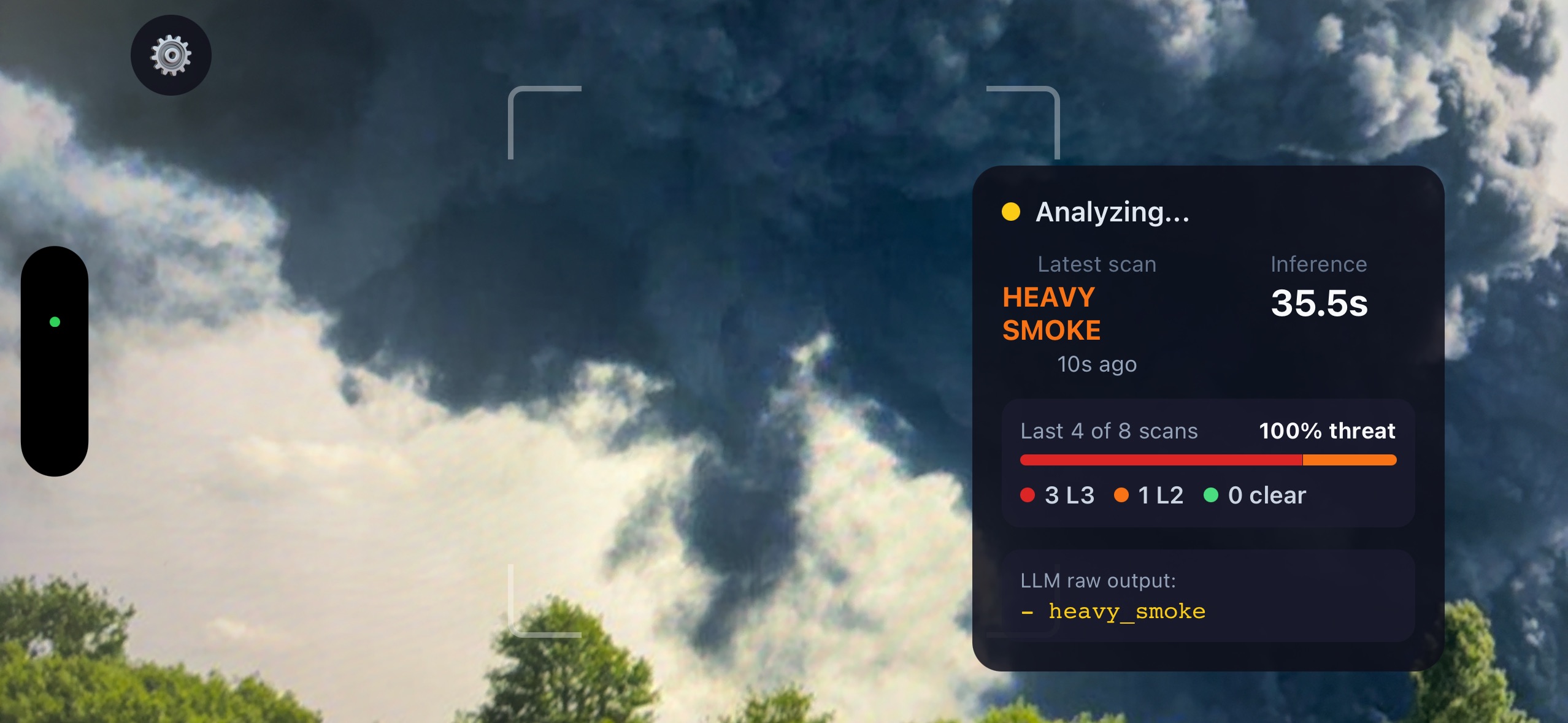 FireRoofs on-property camera analyzing a heavy smoke plume during live wildfire detection, showing the AI inference overlay with threat scoring and LLM classification output.