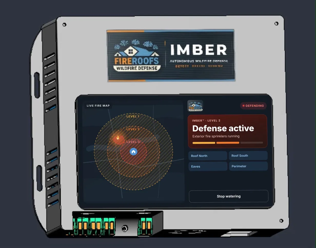 IMBER smart controller with FireRoofs and IMBER nameplate showing a Defense Active screen