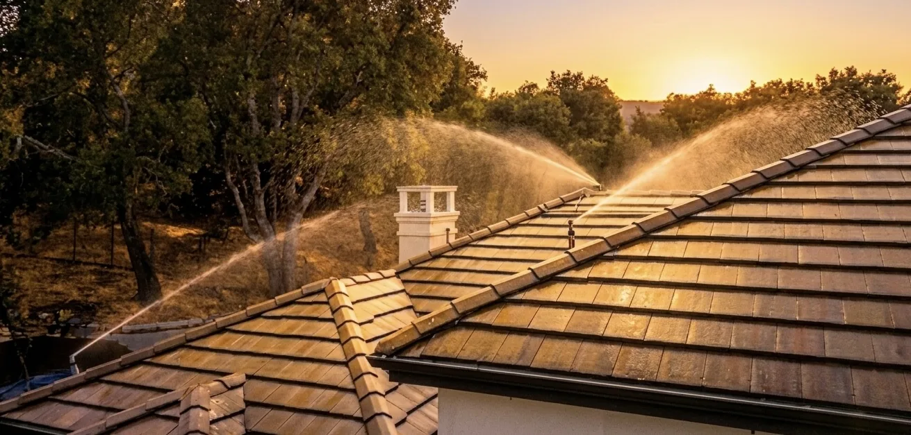 FireRoofs exterior wildfire sprinklers throwing arcs of water across a Bay Area tile roof at golden hour, wetting the roofline and perimeter
