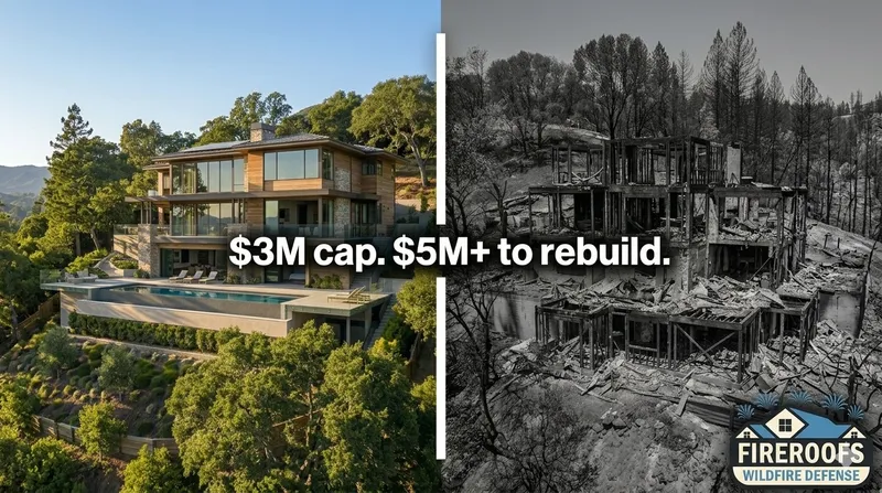 Split comparison showing a luxury Bay Area home valued over $5 million beside the same home destroyed by wildfire, illustrating the $3 million FAIR Plan coverage cap versus actual rebuild cost