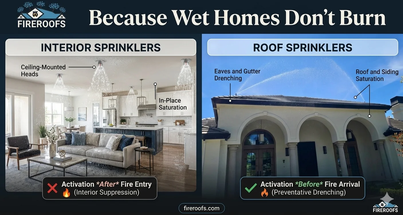 Side by side comparison showing interior ceiling-mounted sprinklers that activate after fire enters versus FireRoofs roof sprinklers that drench eaves gutters and siding before fire arrives