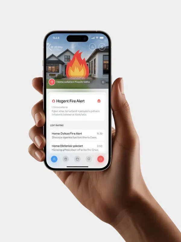 iPhone in hand displaying an active fire alert notification from the FireRoofs defense system