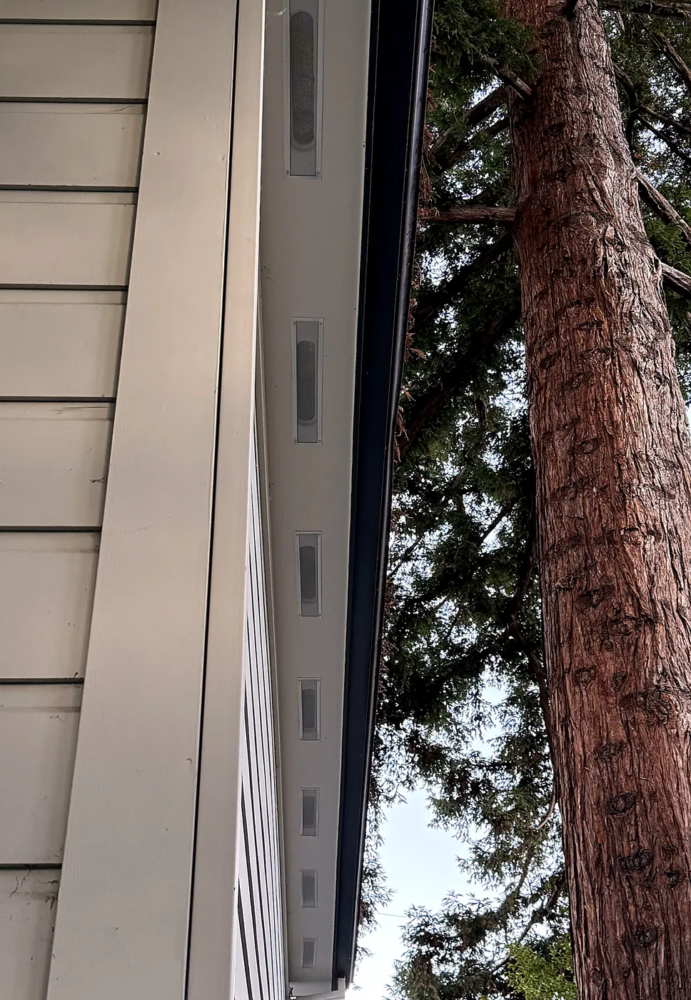 Row of soffit vents with framed ember-resistant mesh covers