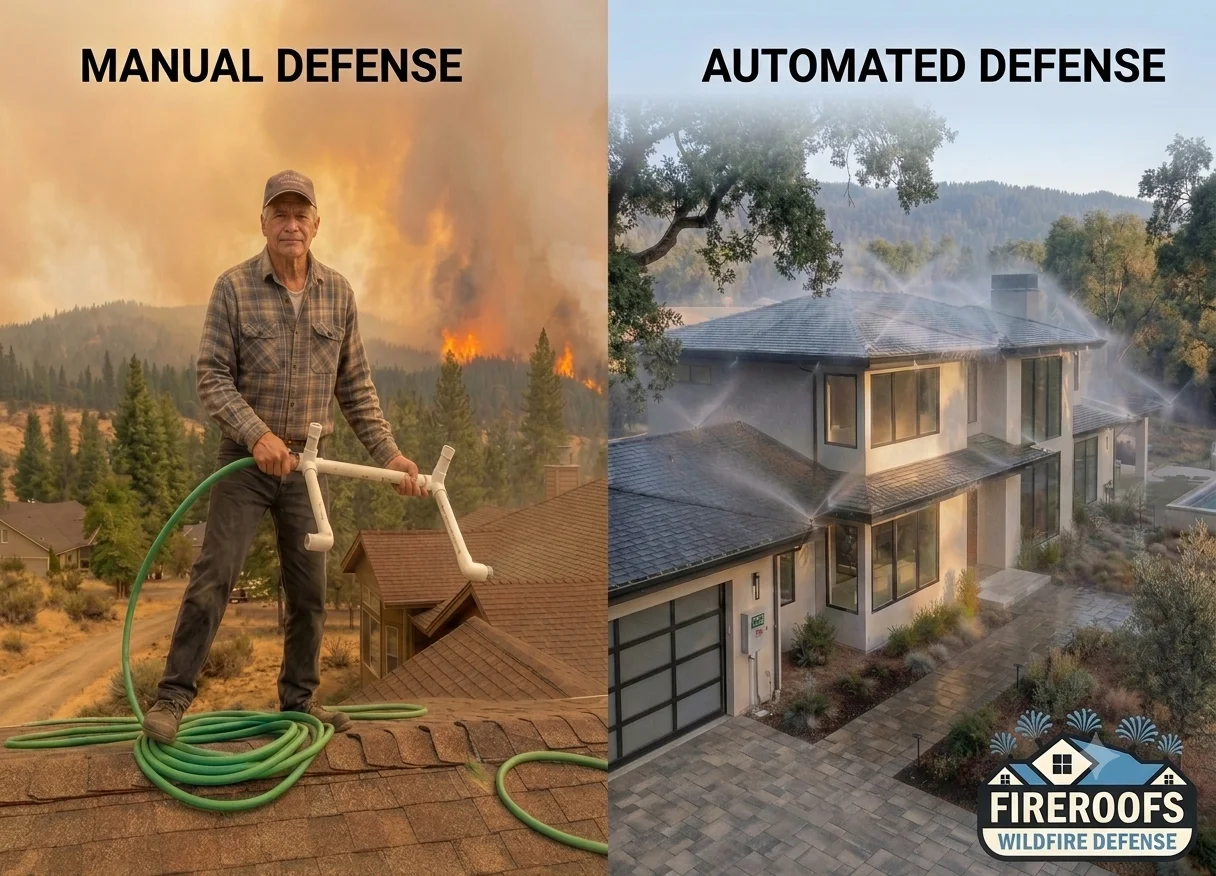 Side-by-side comparison: a man on a roof with a garden hose during a wildfire versus a FireRoofs automated sprinkler system protecting a modern home