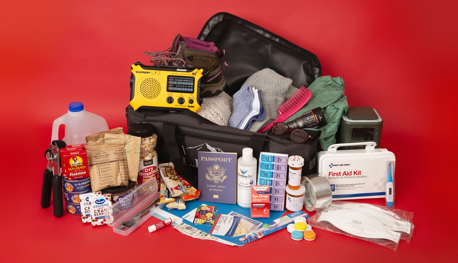 Emergency go-bag packed with disaster preparedness supplies ready for wildfire evacuation
